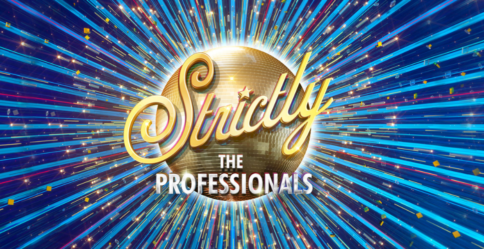Promotional image for 'Strictly The Professionals' featuring a large golden disco ball with 'Strictly' in elegant cursive and 'THE PROFESSIONALS' in bold white capitals, set against a vibrant background of blue and gold light streaks.